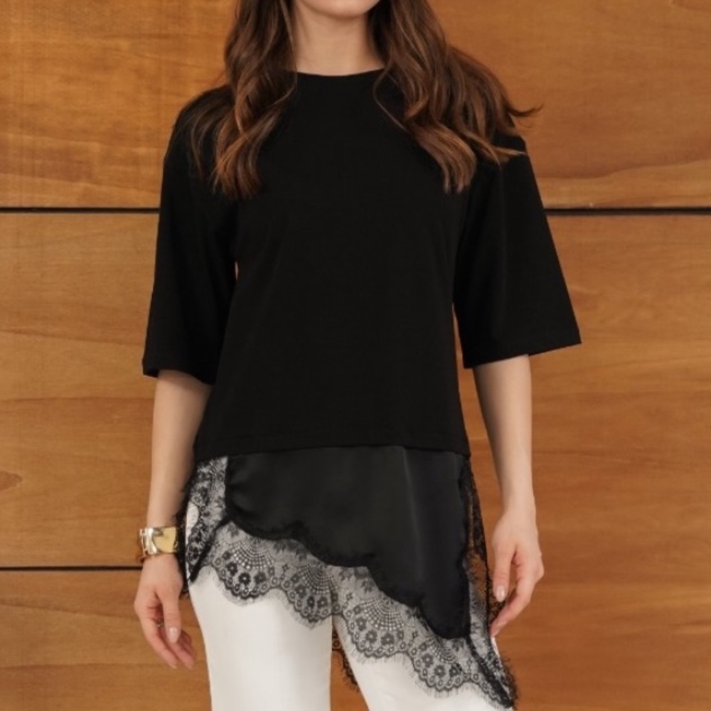 Black Lace-Trim Layered Top with Asymmetric Hem